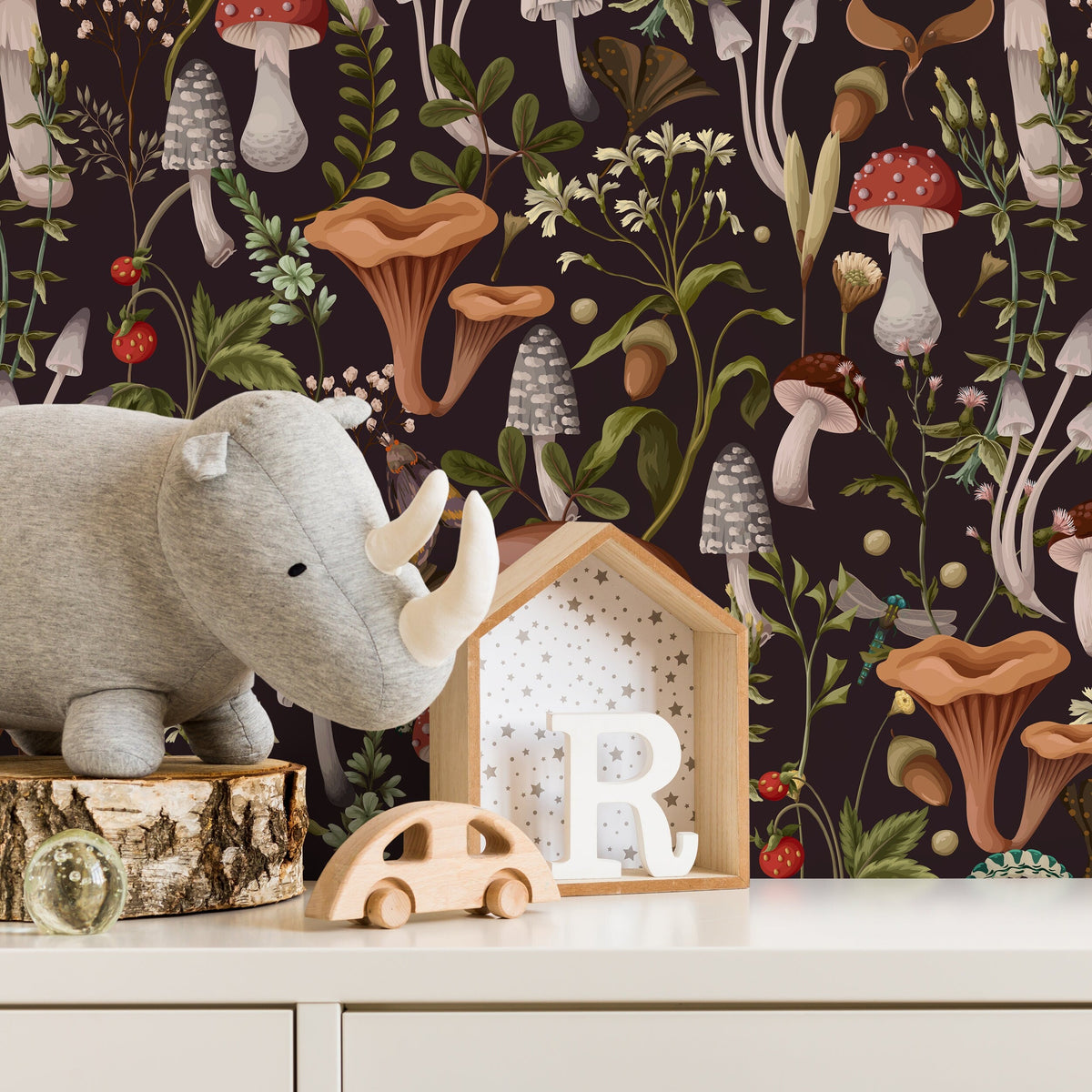 Botanical Mushroom Wallpaper Dark Floral Wallpaper Peel and Stick and Traditional Wallpaper - D816