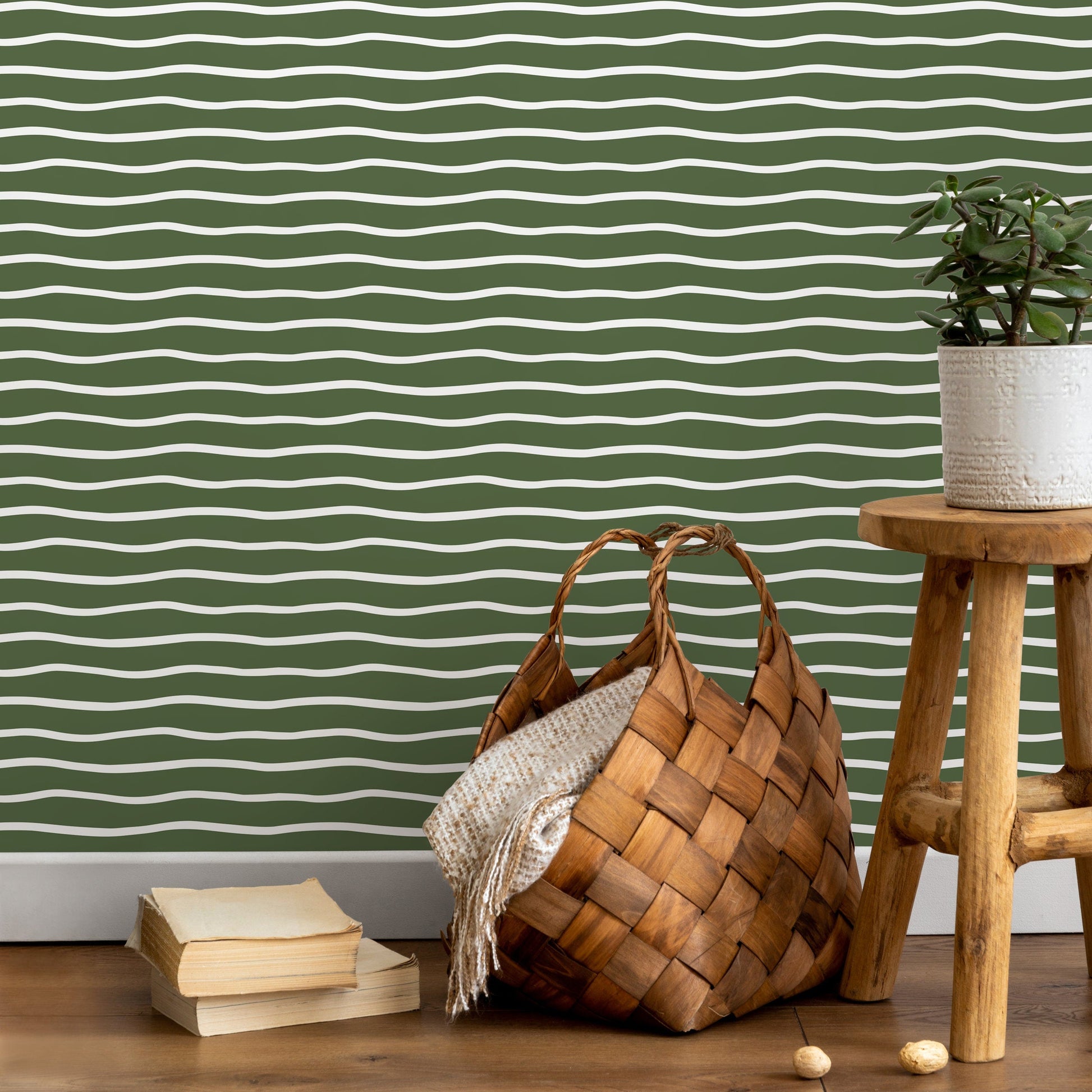 Dark Green Minimalist Lines Wallpaper Boho Wallpaper Peel and Stick and Traditional Wallpaper - D750