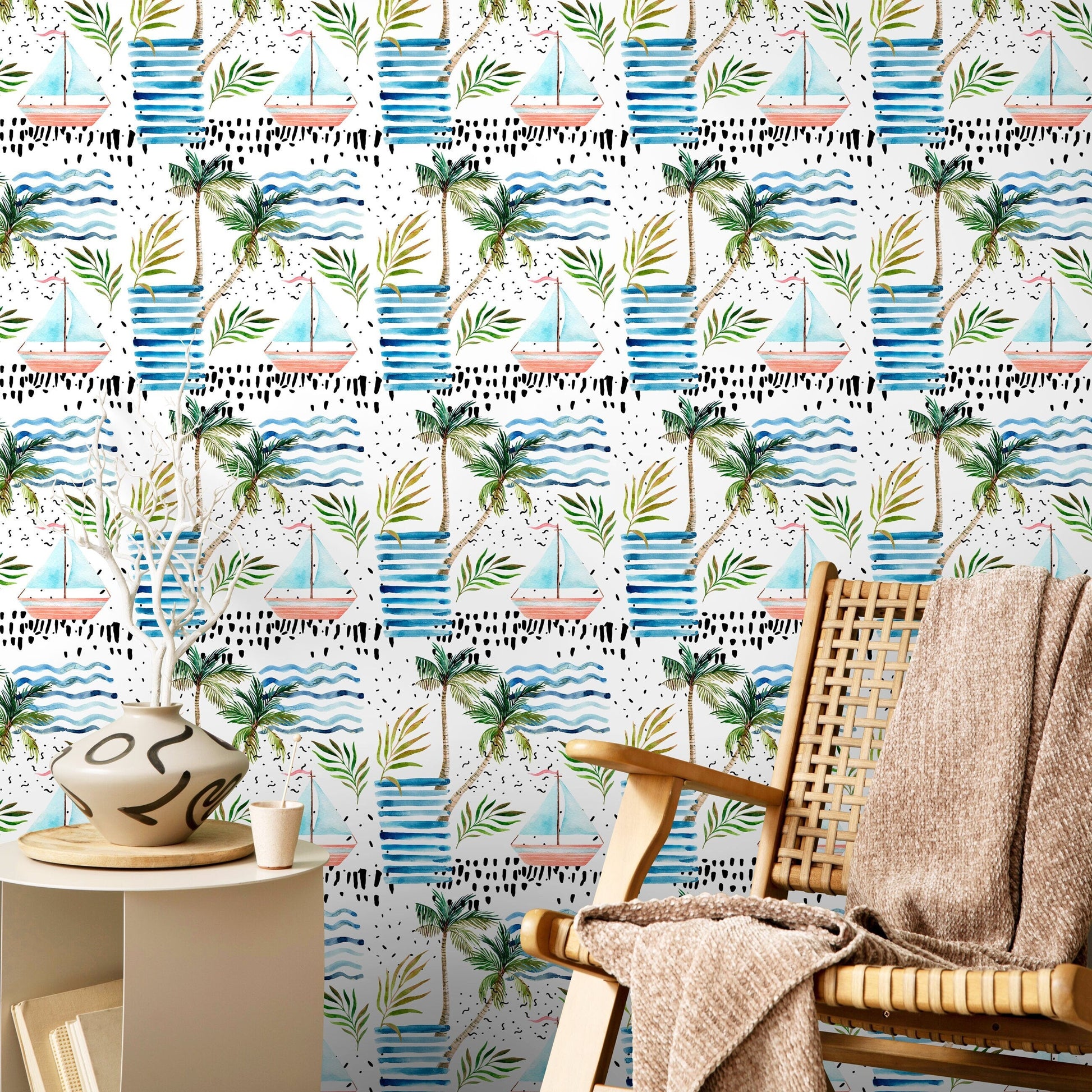 Palm Tree Wallpaper, Removable Wallpaper, Beach Wallpaper, Palm Leaves, Tropical Wall Decor, Jungle Wallpaper - A185
