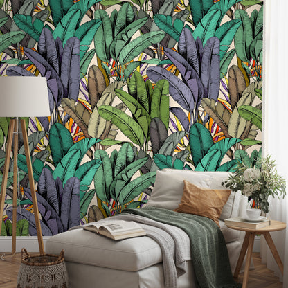 Wallpaper Peel and Stick Wallpaper Removable Wallpaper Home Decor Wall Art Wall Decor Room Decor / Colorful Banana Leaves Wallpaper - A765