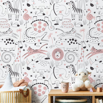 Removable Wallpaper, Minimalistic Wallpaper, Peel and Stick Wallpaper, Wall Paper, Cute Safari - B544
