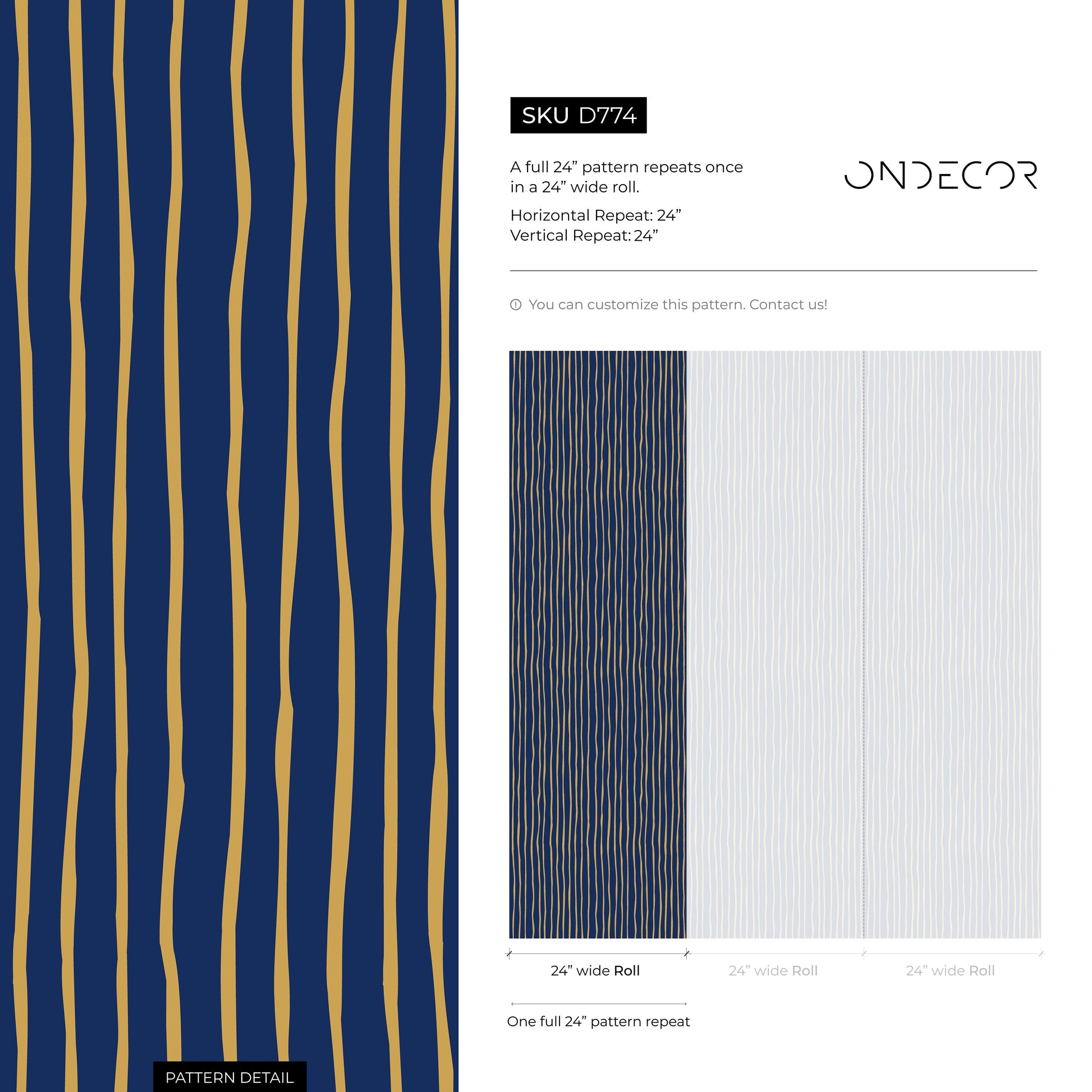 Gold and Navy Striped Wallpaper Modern Peel and Stick and Traditional Wallpaper - D774