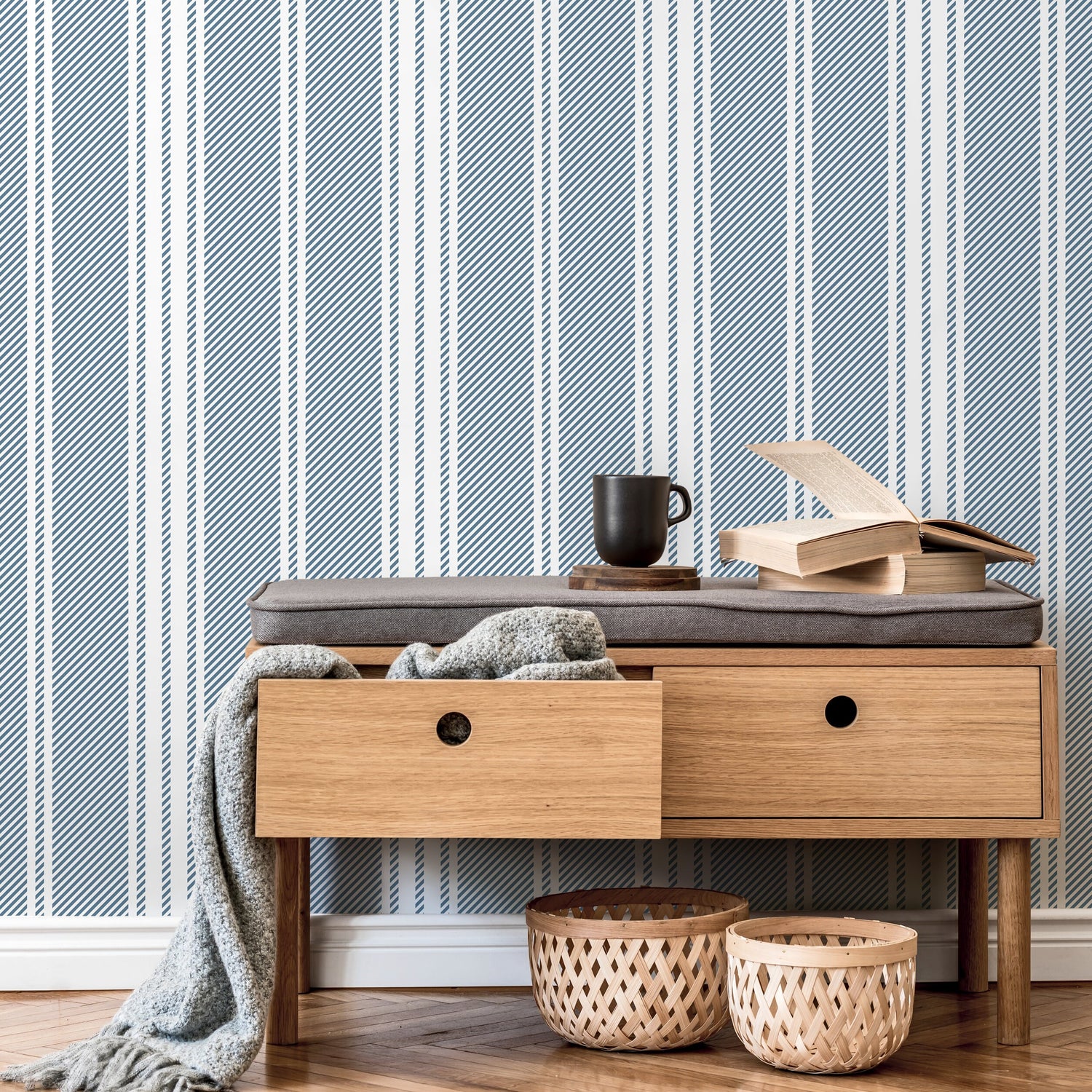 Blue Striped Wallpaper Farmhouse Wallpaper Peel and Stick and Traditional Wallpaper - D781