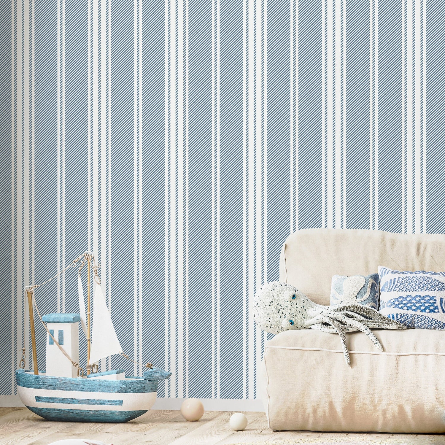 Blue Striped Wallpaper Farmhouse Wallpaper Peel and Stick and Traditional Wallpaper - D781