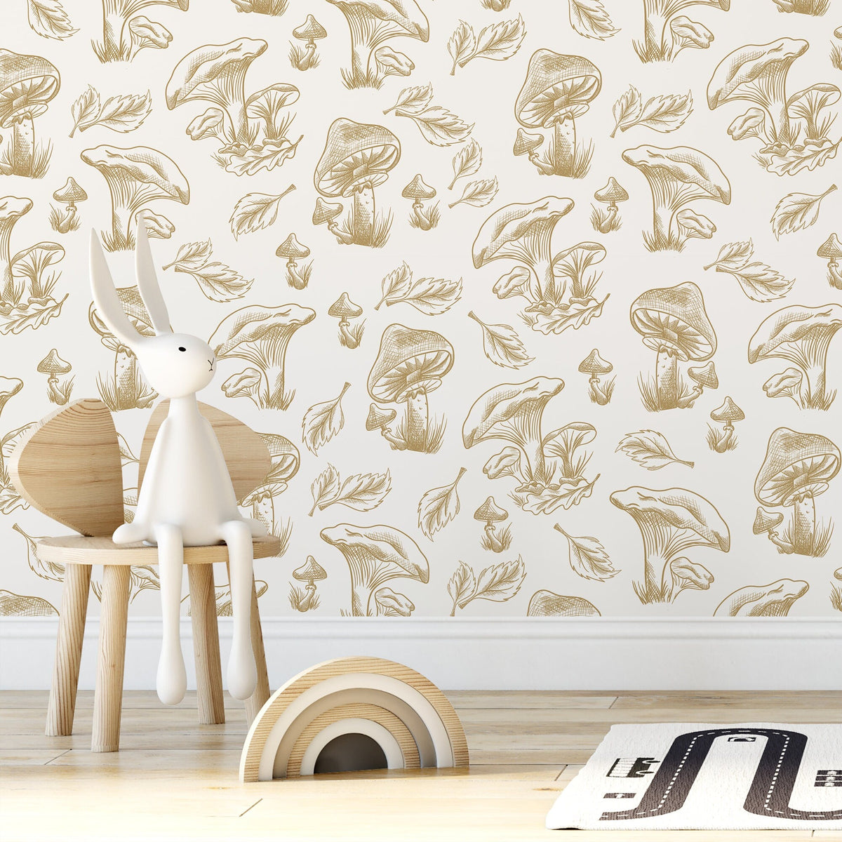 Beige Mushroom Wallpaper Hand drawing Wallpaper Peel and Stick and Traditional Wallpaper - D820