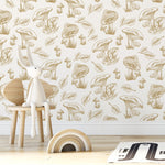Beige Mushroom Wallpaper Hand drawing Wallpaper Peel and Stick and Traditional Wallpaper - D820