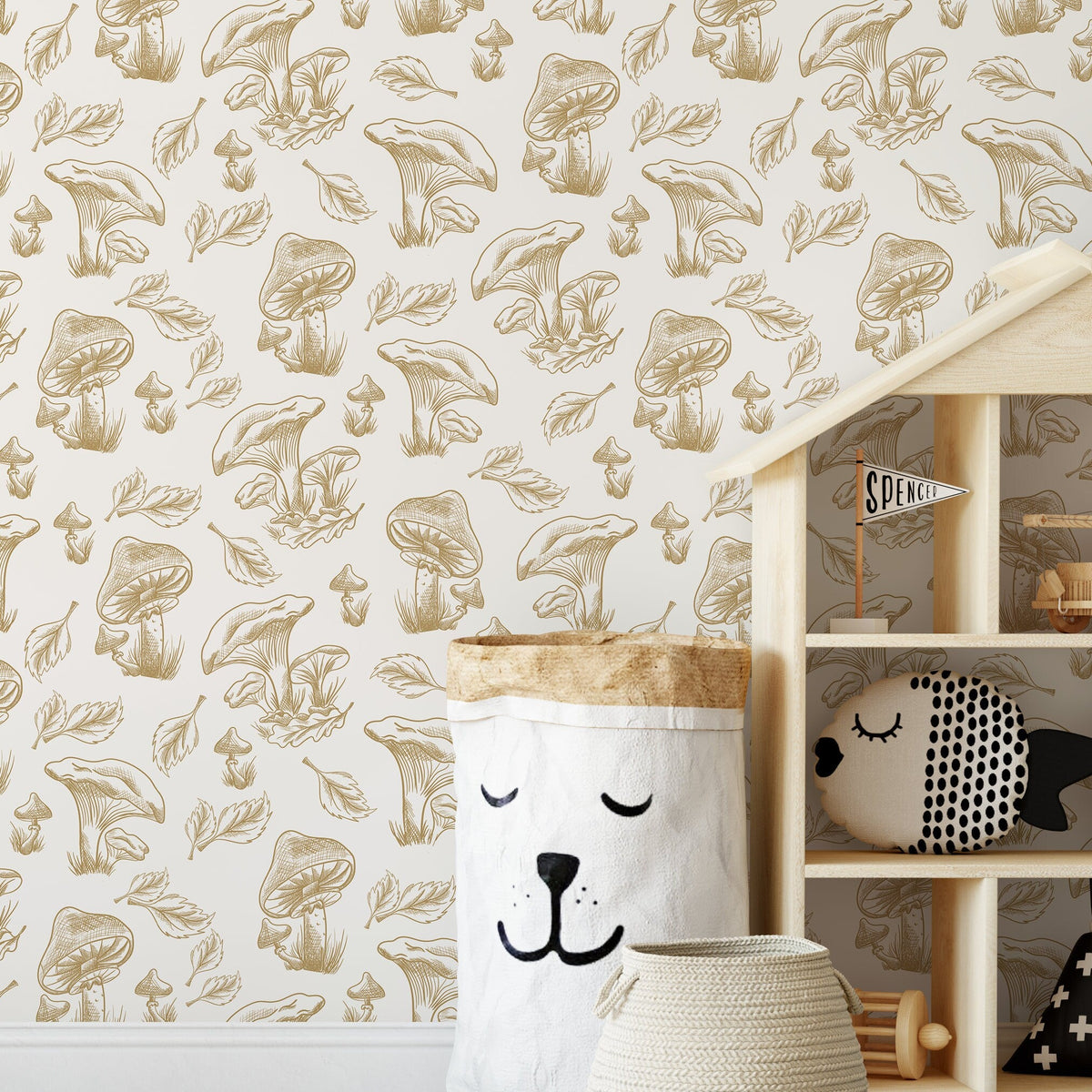 Beige Mushroom Wallpaper Hand drawing Wallpaper Peel and Stick and Traditional Wallpaper - D820