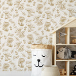 Beige Mushroom Wallpaper Hand drawing Wallpaper Peel and Stick and Traditional Wallpaper - D820