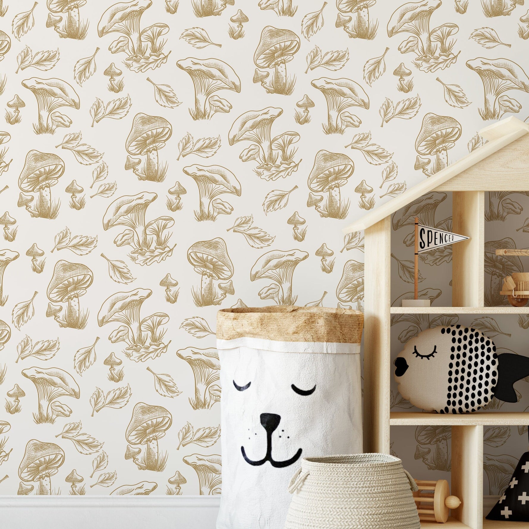 Beige Mushroom Wallpaper Hand drawing Wallpaper Peel and Stick and Traditional Wallpaper - D820