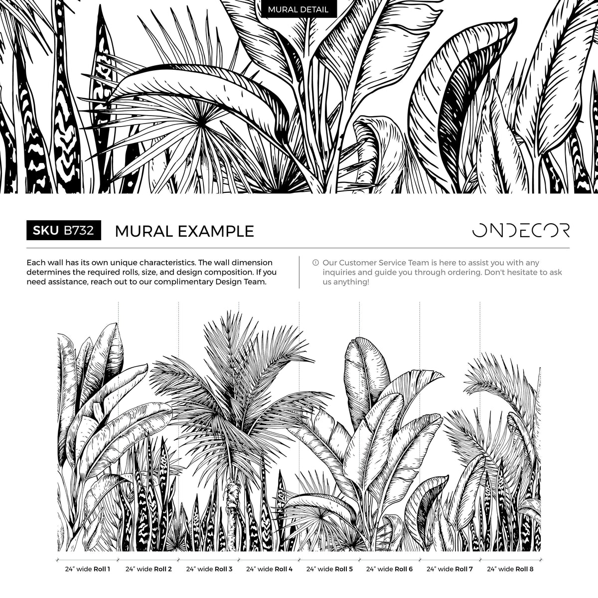 Black and White Jungle Mural Removable Wallpaper Wall Decor Home Decor Wall Art Printable Wall Art Room Decor Wall Prints - B732