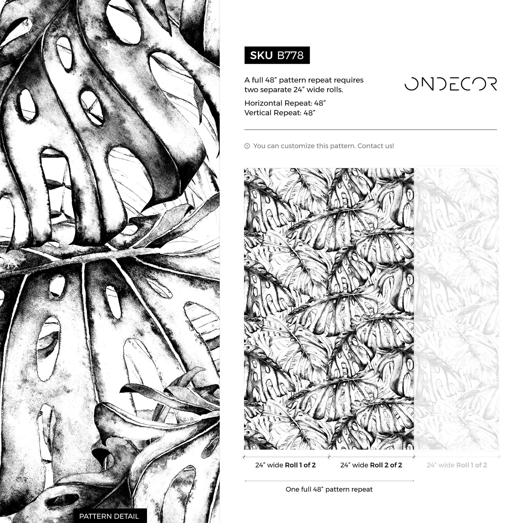 Aesthetic Monstera Wallpaper Removable Wallpaper Home Decor Wall Art Room Decor / Black and White Leaves Wallpaper - B778