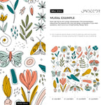 Garden Illustration Removable Wallpaper Home Decor Wall Art Room Decor / Cute Floral and Butterflies Wallpaper - B982