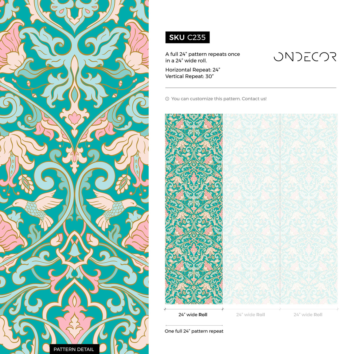 Wallpaper Removable Wallpaper Peel and Stick Wallpaper Wall Decor Home Decor Wall Art Printable Wall Art / Turquoise Floral Damask - C235