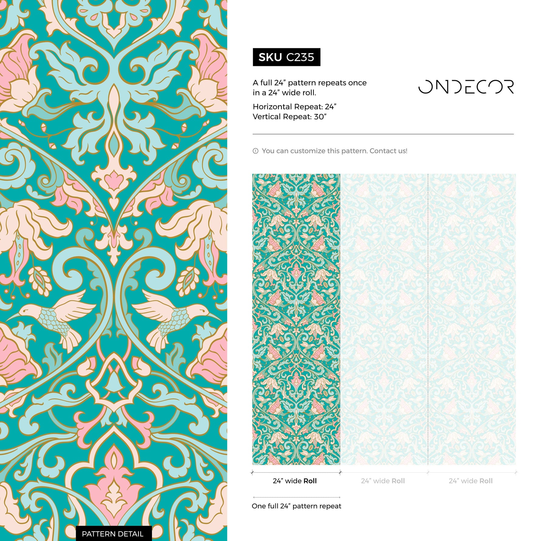 Wallpaper Removable Wallpaper Peel and Stick Wallpaper Wall Decor Home Decor Wall Art Printable Wall Art / Turquoise Floral Damask - C235