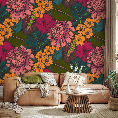 Flat Colorful Leaves Wallpaper - Removable Wallpaper Peel and Stick Wallpaper Wall Paper Wall Mural - B391