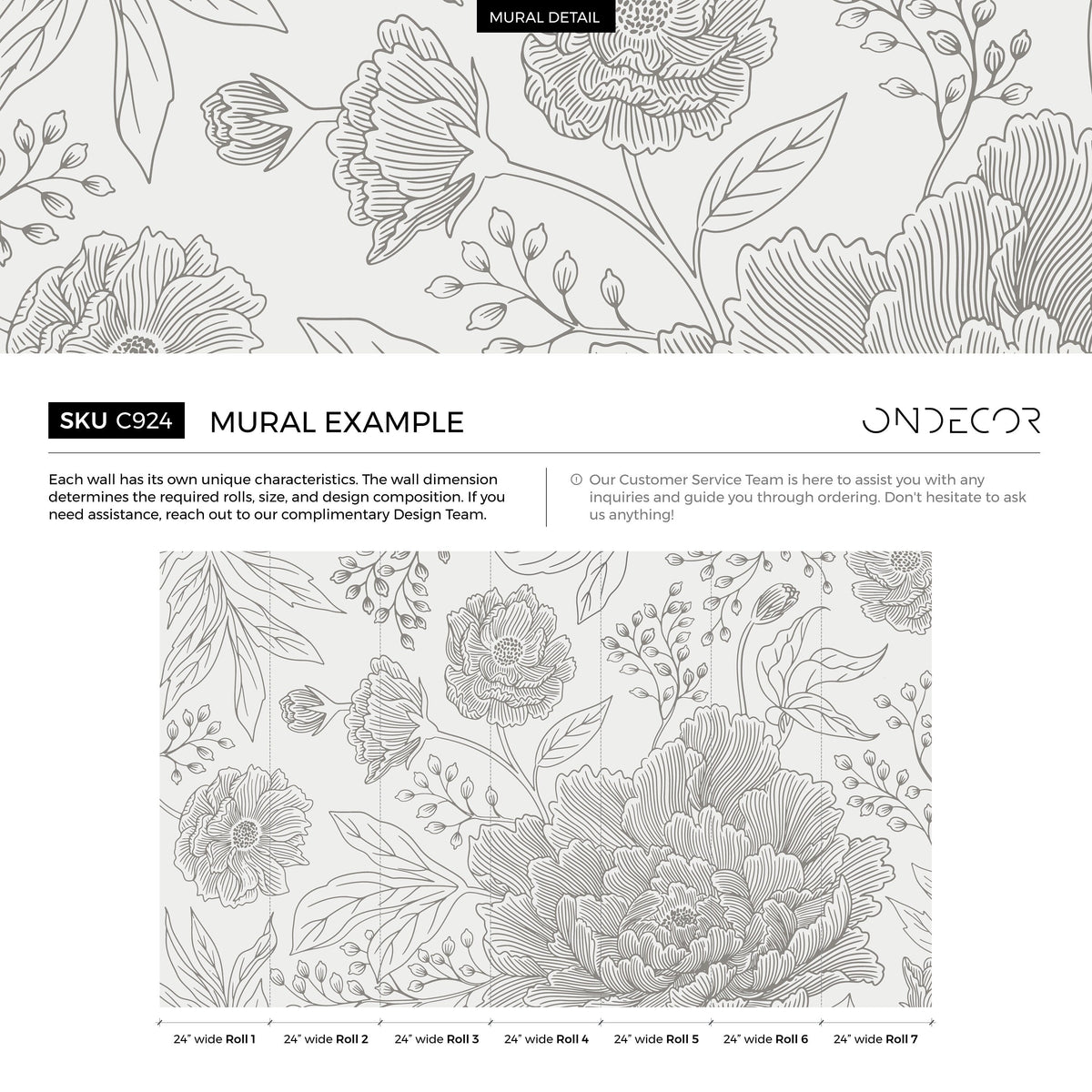 Gray Large Floral Wallpaper / Peel and Stick Wallpaper Removable Wallpaper Home Decor Wall Art Wall Decor Room Decor - C924