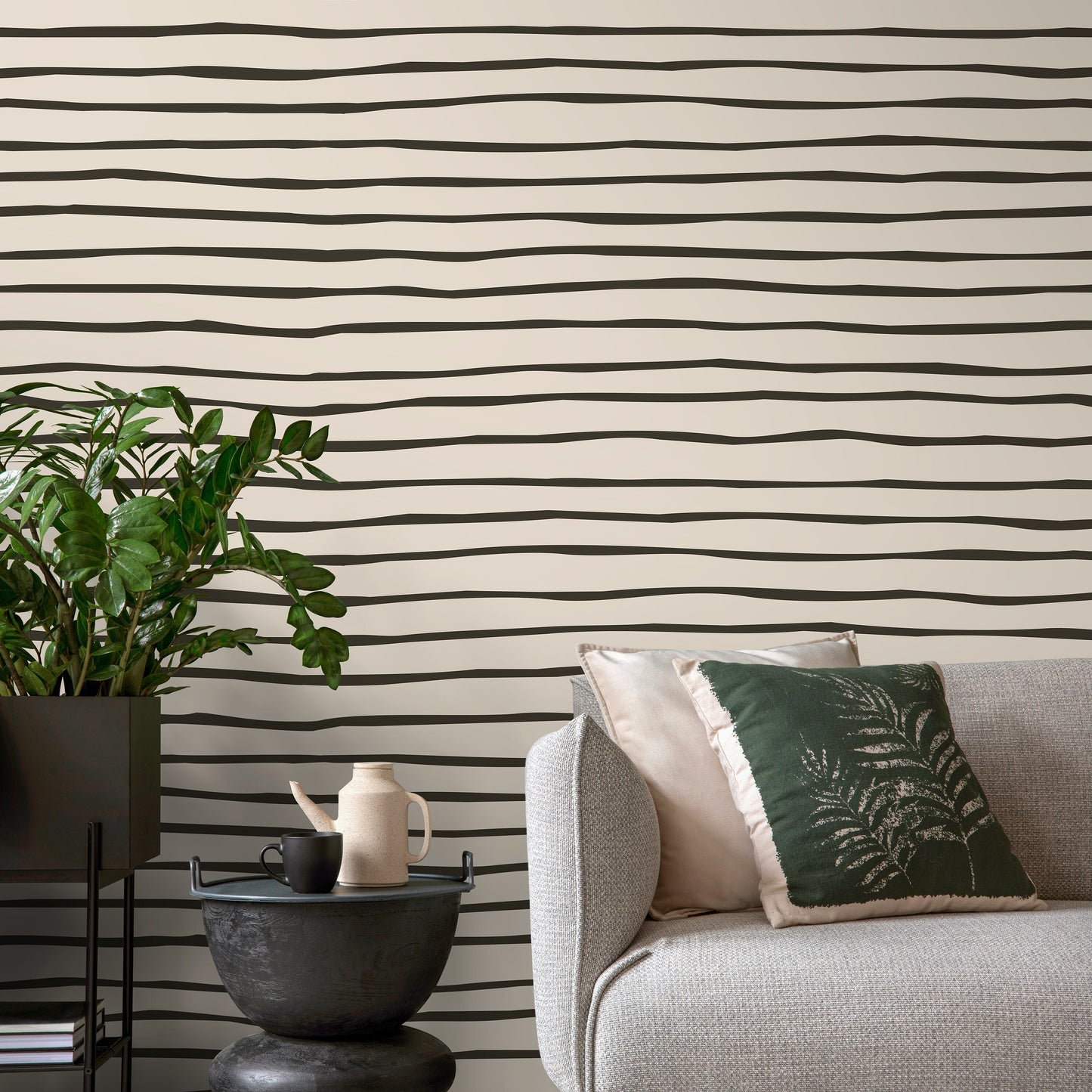 Black and Beige Striped Wallpaper Modern Waves Wallpaper Peel and Stick and Traditional Wallpaper - D777