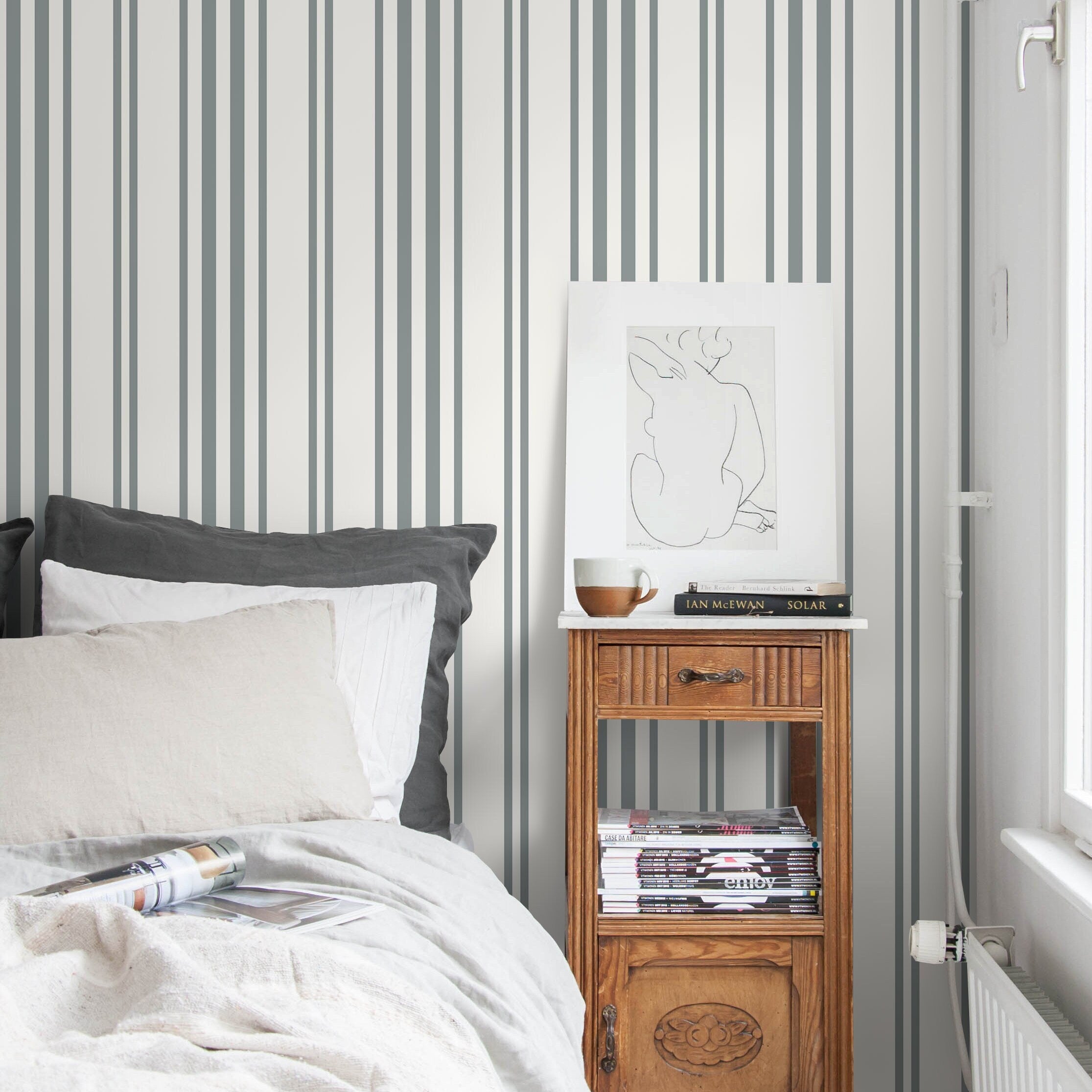 Grey striped store wallpaper bedroom