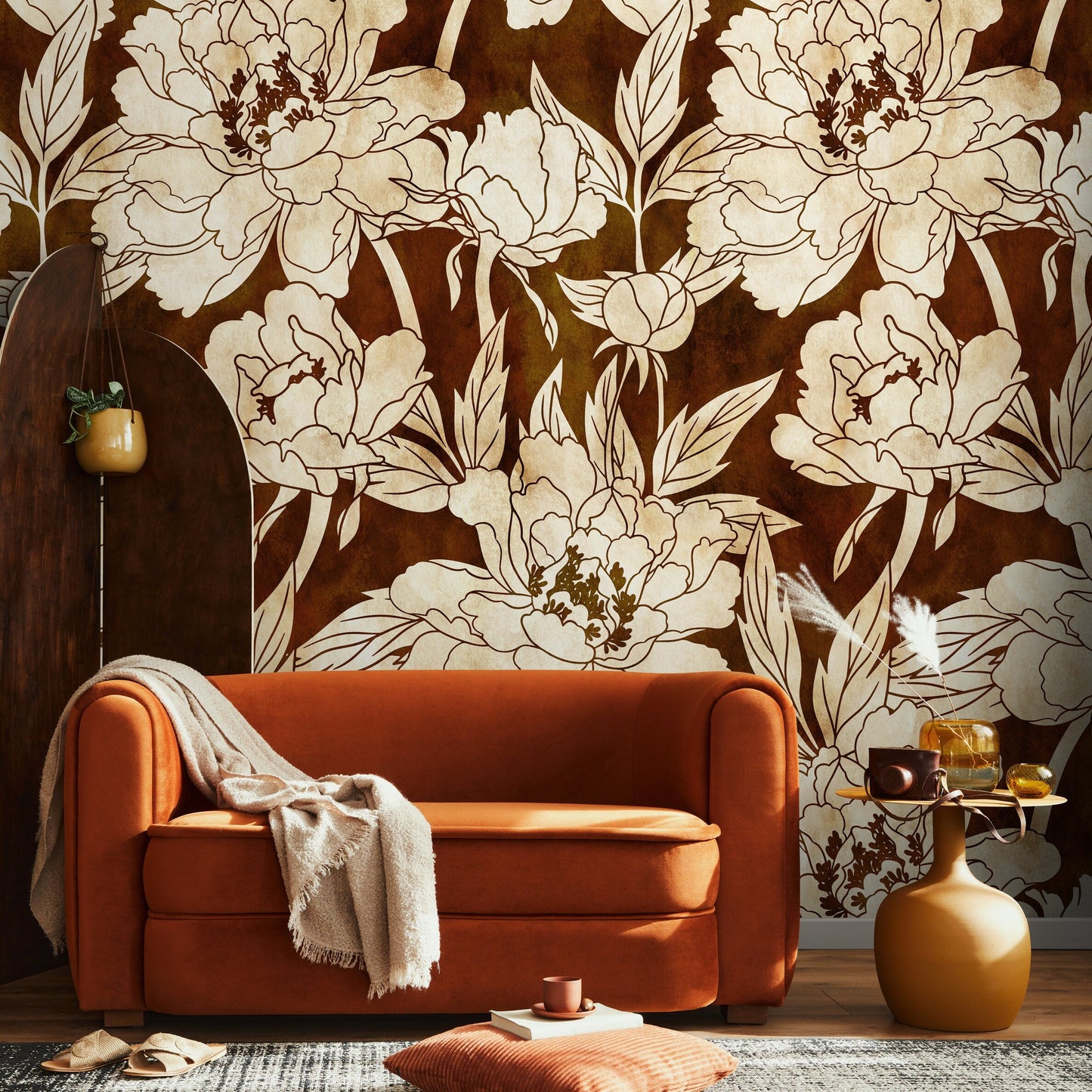Gold Large Floral Wallpaper / Peel and Stick Wallpaper Removable Wallpaper Home Decor Wall Art Wall Decor Room Decor - C916