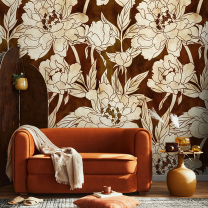 Gold Large Floral Wallpaper / Peel and Stick Wallpaper Removable Wallpaper Home Decor Wall Art Wall Decor Room Decor - C916