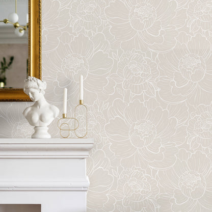 Beige Floral Peony Wallpaper / Peel and Stick Wallpaper Removable Wallpaper Home Decor Wall Art Wall Decor Room Decor - C974