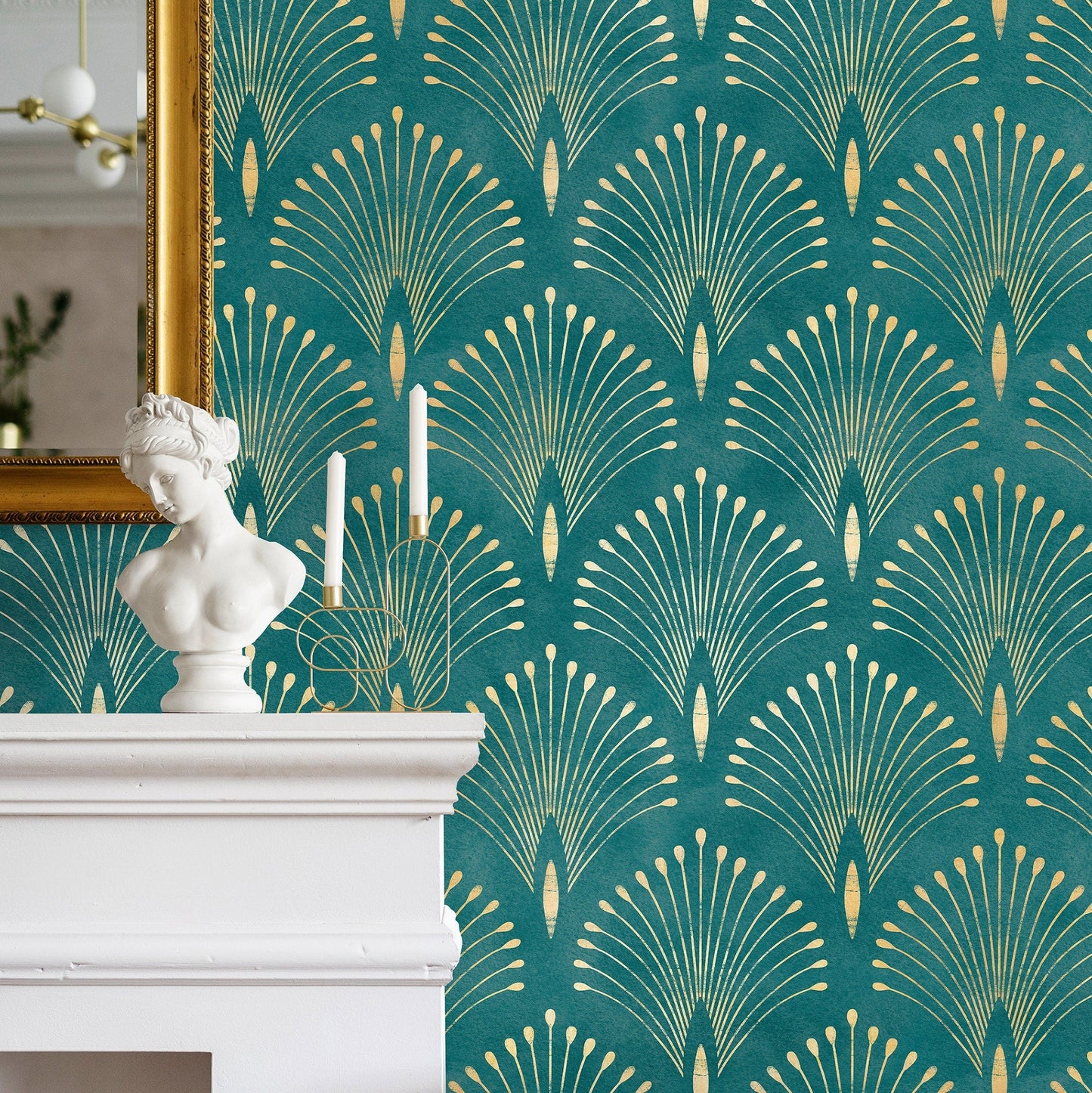 Gold and Teal Art Deco Palms Wallpaper Peel and Stick and Traditional Wallpaper Non-Metallic Wallpaper - C011