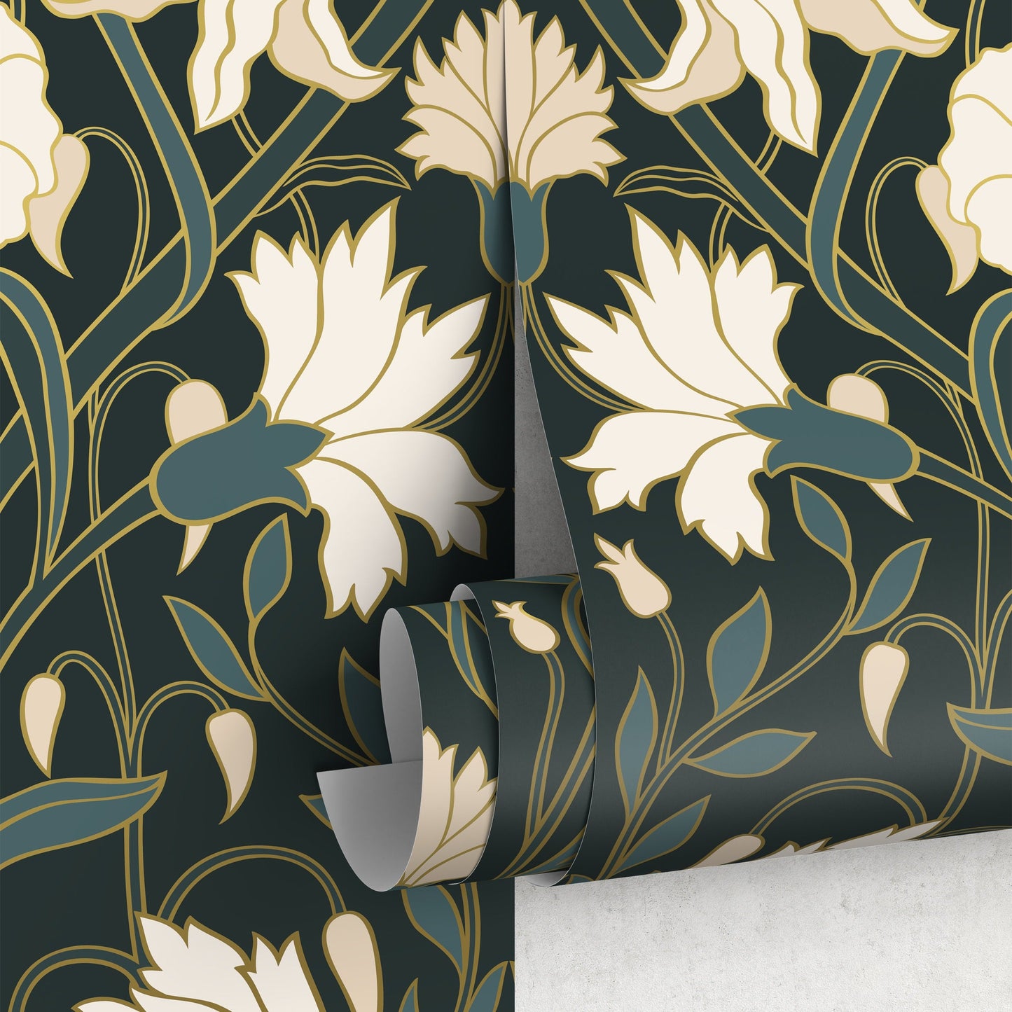 Green Floral Art Nouveau Wallpaper Peel and Stick and Traditional Wallpaper - C281