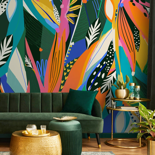 Abstract Tropical Leaf Mural Wallpaper Peel and Stick and Traditional Wallpaper - C346