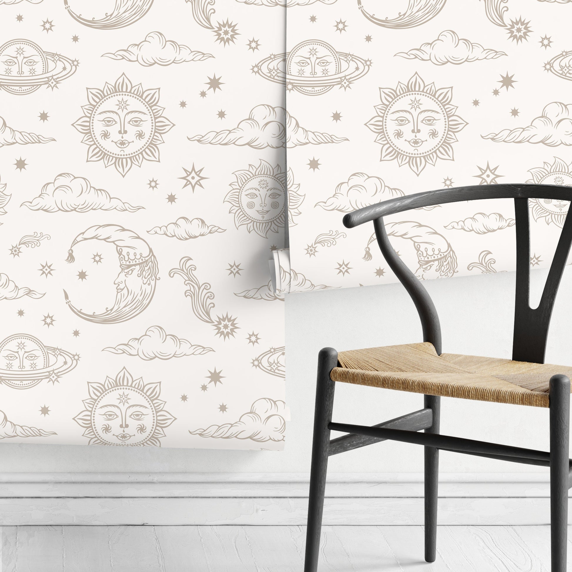 Mystique and Celestial Wallpaper Removable Peel and Stick Wallpaper, Peel and Stick Wallpaper Neutral Moon and Sun - ZABD