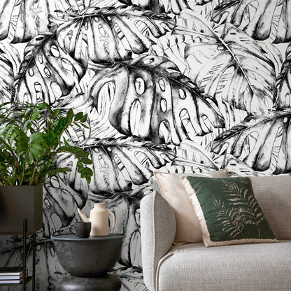 Aesthetic Monstera Wallpaper Removable Wallpaper Home Decor Wall Art Room Decor / Black and White Leaves Wallpaper - B778