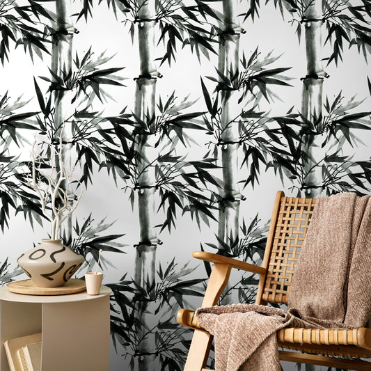 Watercolor Bamboo Black and White Wallpaper, Self-adhesive Removable Wallpaper, Peel and Stick Fabric Wallpaper, Wallpaper - B051