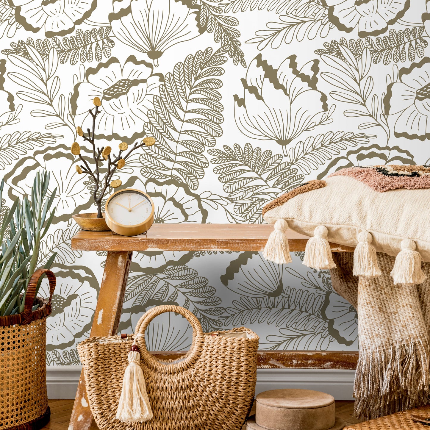 Beige Boho Flower Wallpaper / Peel and Stick Wallpaper Removable Wallpaper Home Decor Wall Art Wall Decor Room Decor - C849