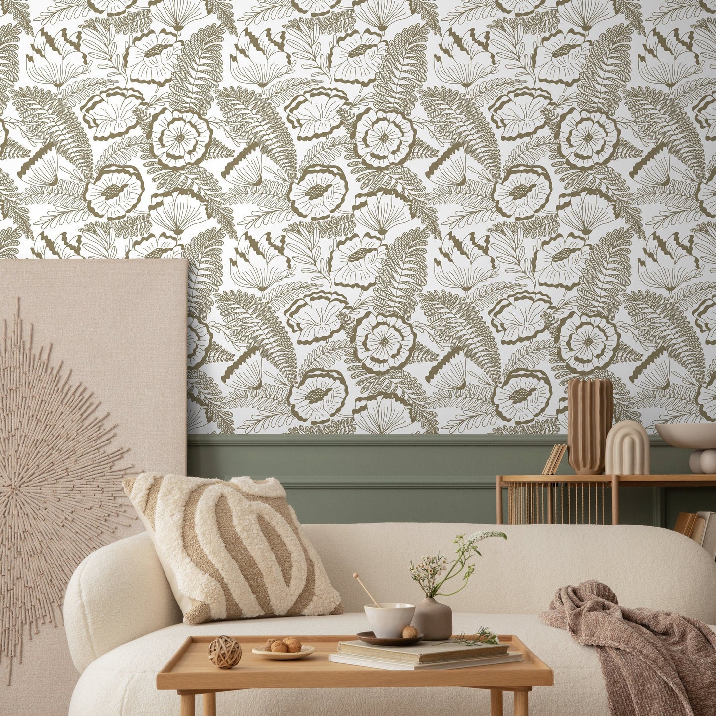 Beige Boho Flower Wallpaper / Peel and Stick Wallpaper Removable Wallpaper Home Decor Wall Art Wall Decor Room Decor - C849