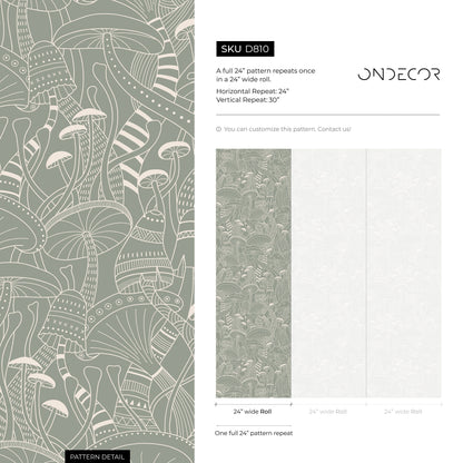 Sage Green Mushroom Wallpaper Modern Peel and Stick and Traditional Wallpaper - D810