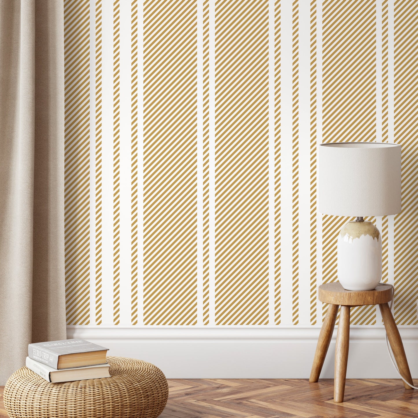 Yellow Striped Wallpaper Farmhouse Wallpaper Peel and Stick and Traditional Wallpaper - D784