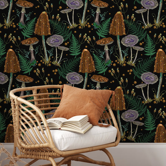 Mushroom Garden Wallpaper Dark Floral Wallpaper Peel and Stick and Traditional Wallpaper - D814