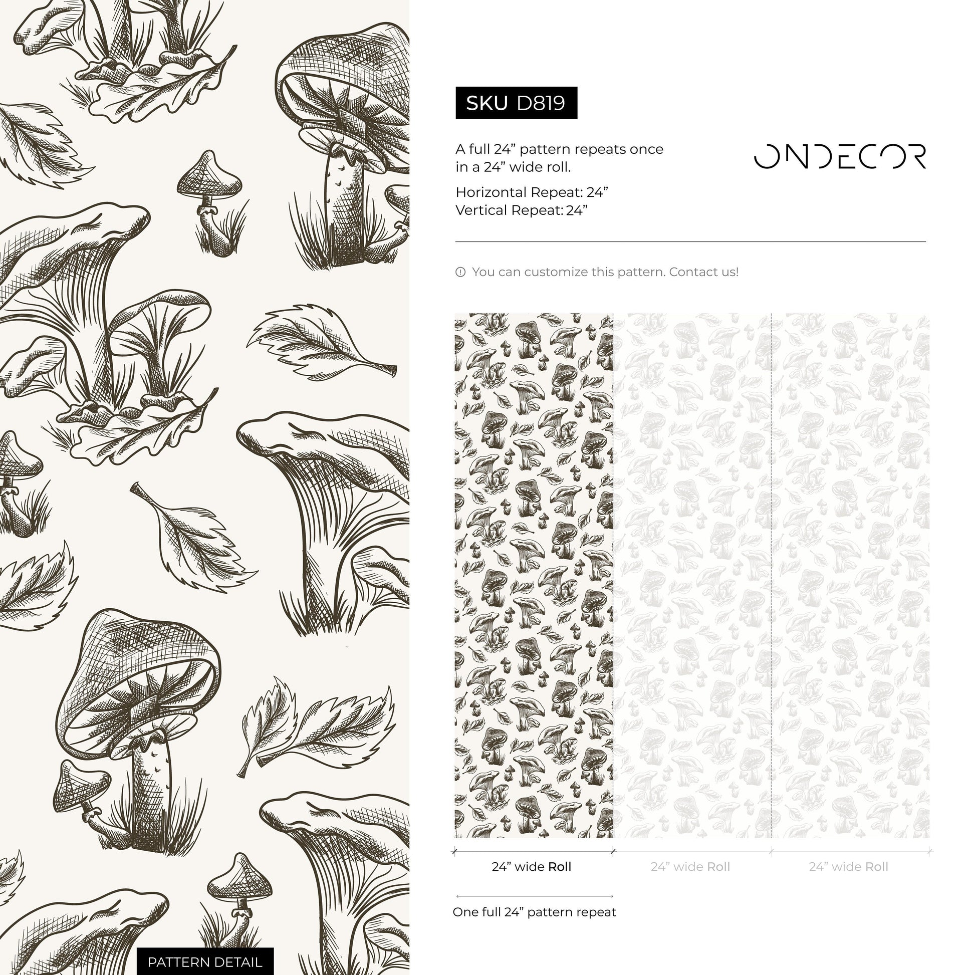 Leaf and Mushroom Wallpaper Hand drawing Wallpaper Peel and Stick and Traditional Wallpaper - D819