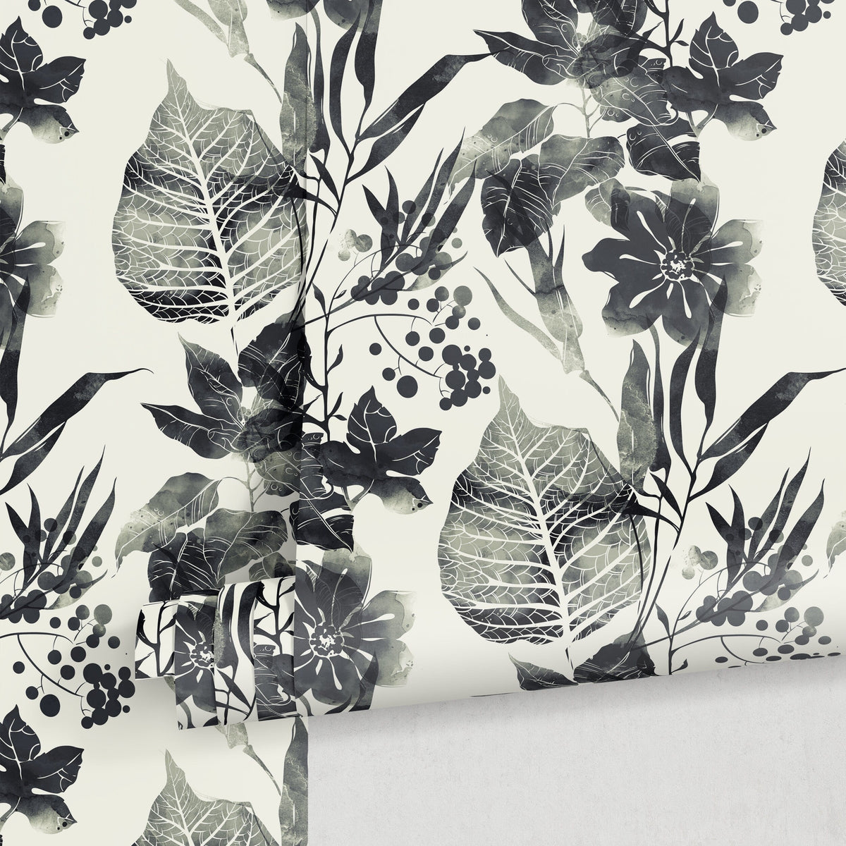 Watercolor Flowers Black and White Wallpaper, Self-adhesive Removable Wallpaper, Peel and Stick Fabric Wallpaper, Wallpaper - B040