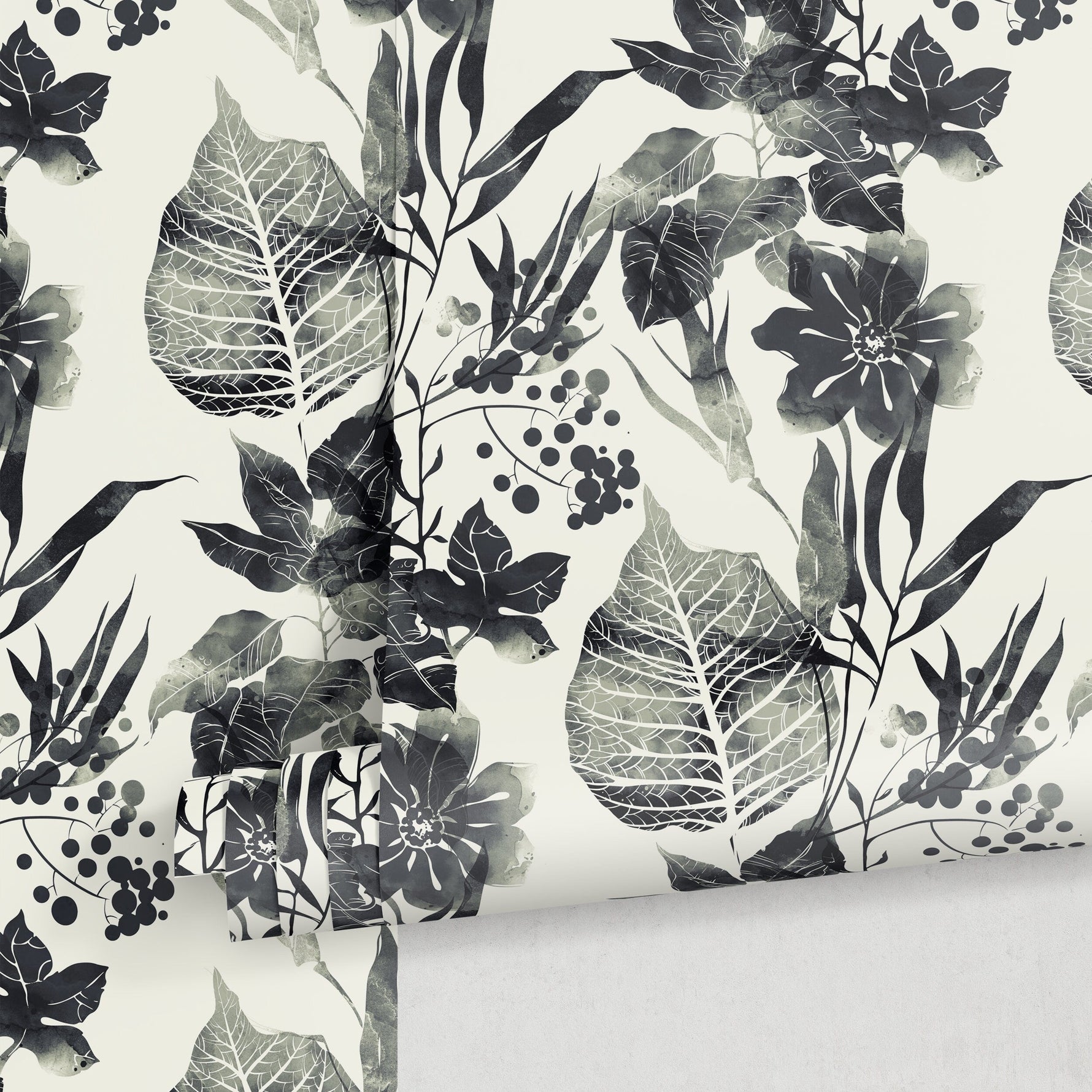 Watercolor Flowers Black and White Wallpaper, Self-adhesive Removable Wallpaper, Peel and Stick Fabric Wallpaper, Wallpaper - B040