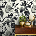 Watercolor Flowers Black and White Wallpaper, Self-adhesive Removable Wallpaper, Peel and Stick Fabric Wallpaper, Wallpaper - B040