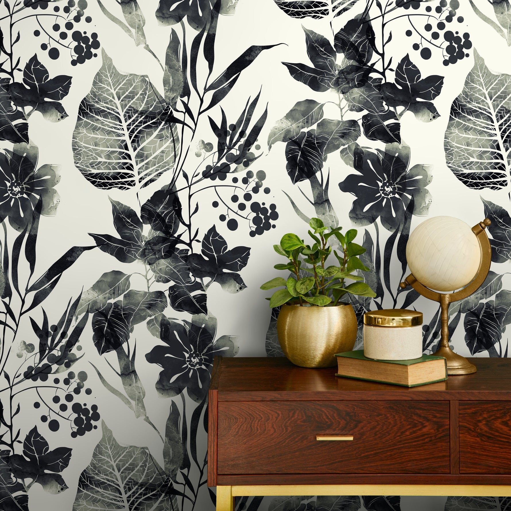 Watercolor Flowers Black and White Wallpaper, Self-adhesive Removable Wallpaper, Peel and Stick Fabric Wallpaper, Wallpaper - B040