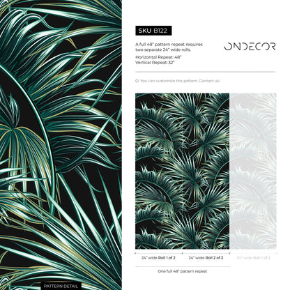 Dark Leaves Wallpaper, Tropical Wallpaper, Repositionable, Jungle, Peel and Stick - B122