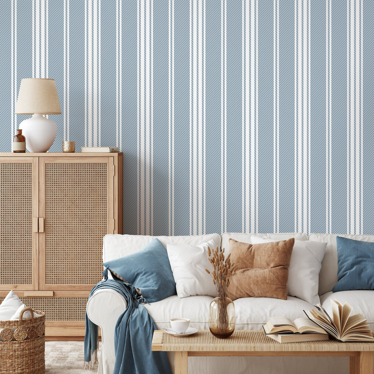 Blue Striped Wallpaper Farmhouse Wallpaper Peel and Stick and Traditional Wallpaper - D781