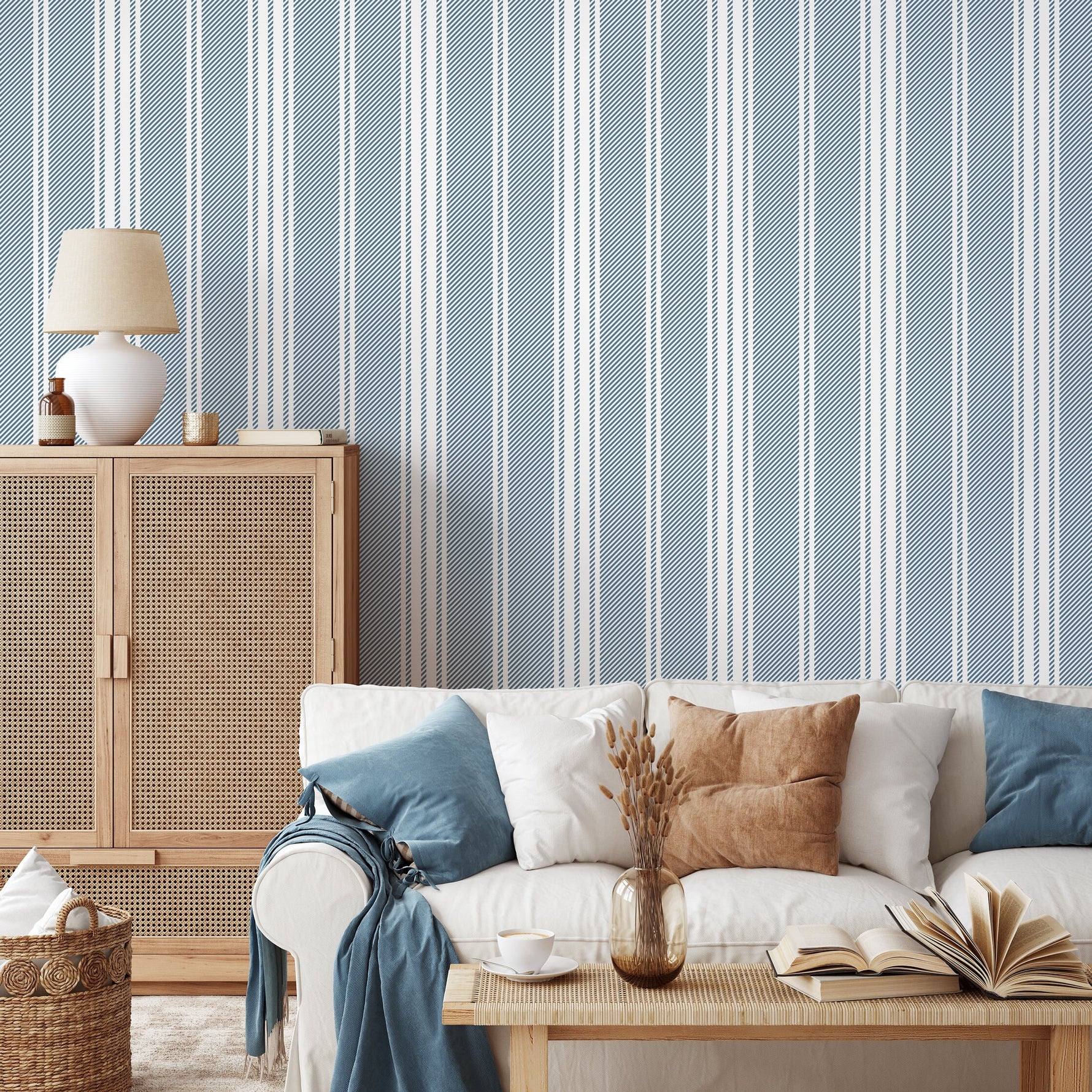 Blue Striped Wallpaper Farmhouse Wallpaper Peel and Stick and Traditional Wallpaper - D781