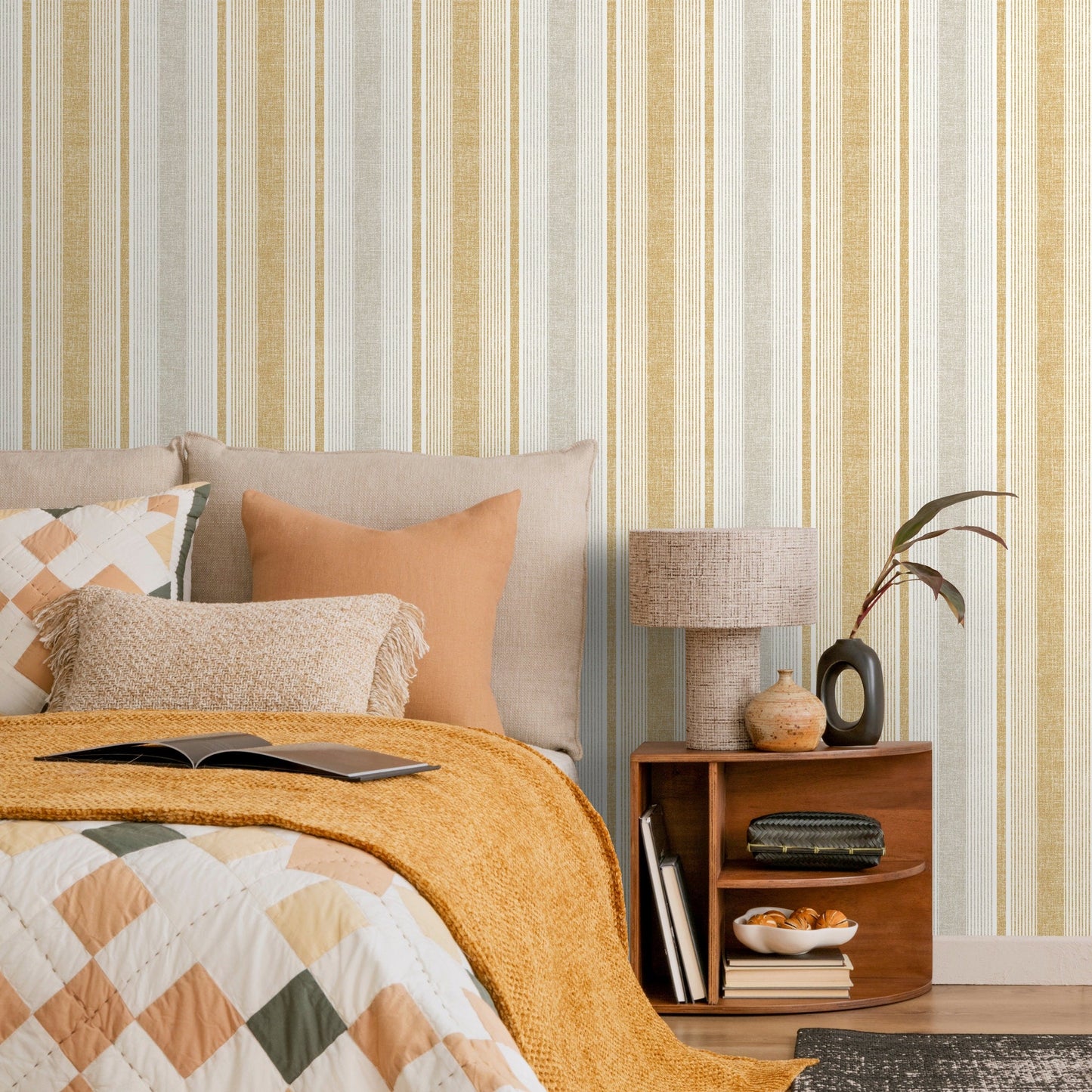 Textured Striped Wallpaper Yellow and Grey Wallpaper Peel and Stick and Traditional Wallpaper - D840