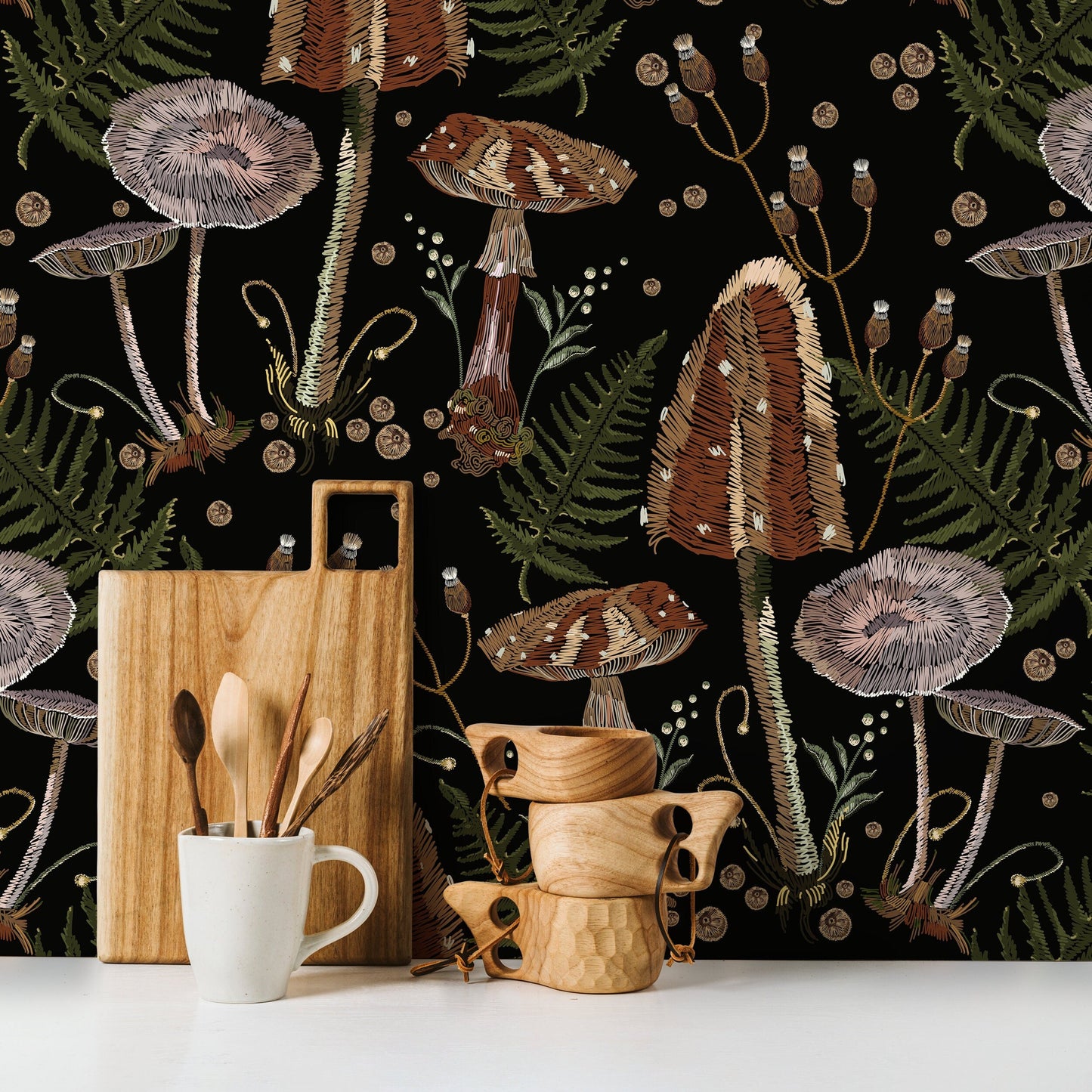 Dark Mushroom Wallpaper Dark Floral Wallpaper Peel and Stick and Traditional Wallpaper - D815