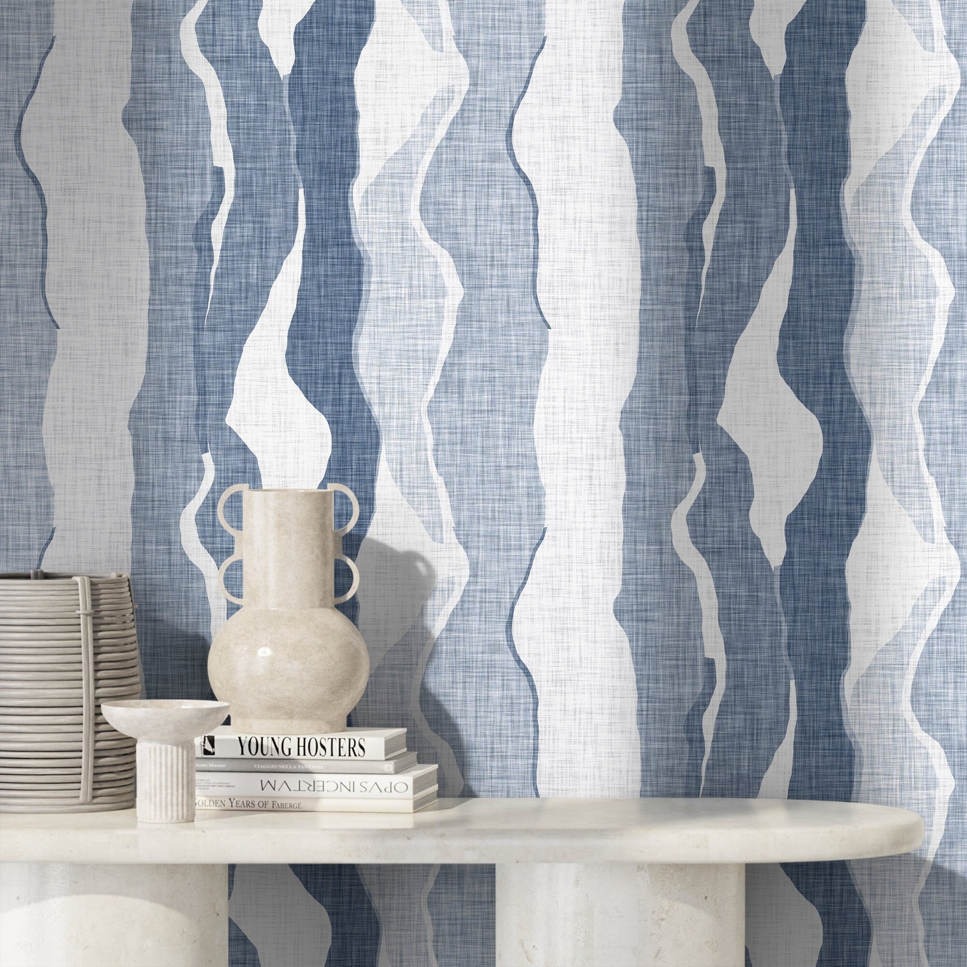 Blue Abstract Waves Wallpaper Modern Wallpaper Peel and Stick and Traditional Wallpaper - D837