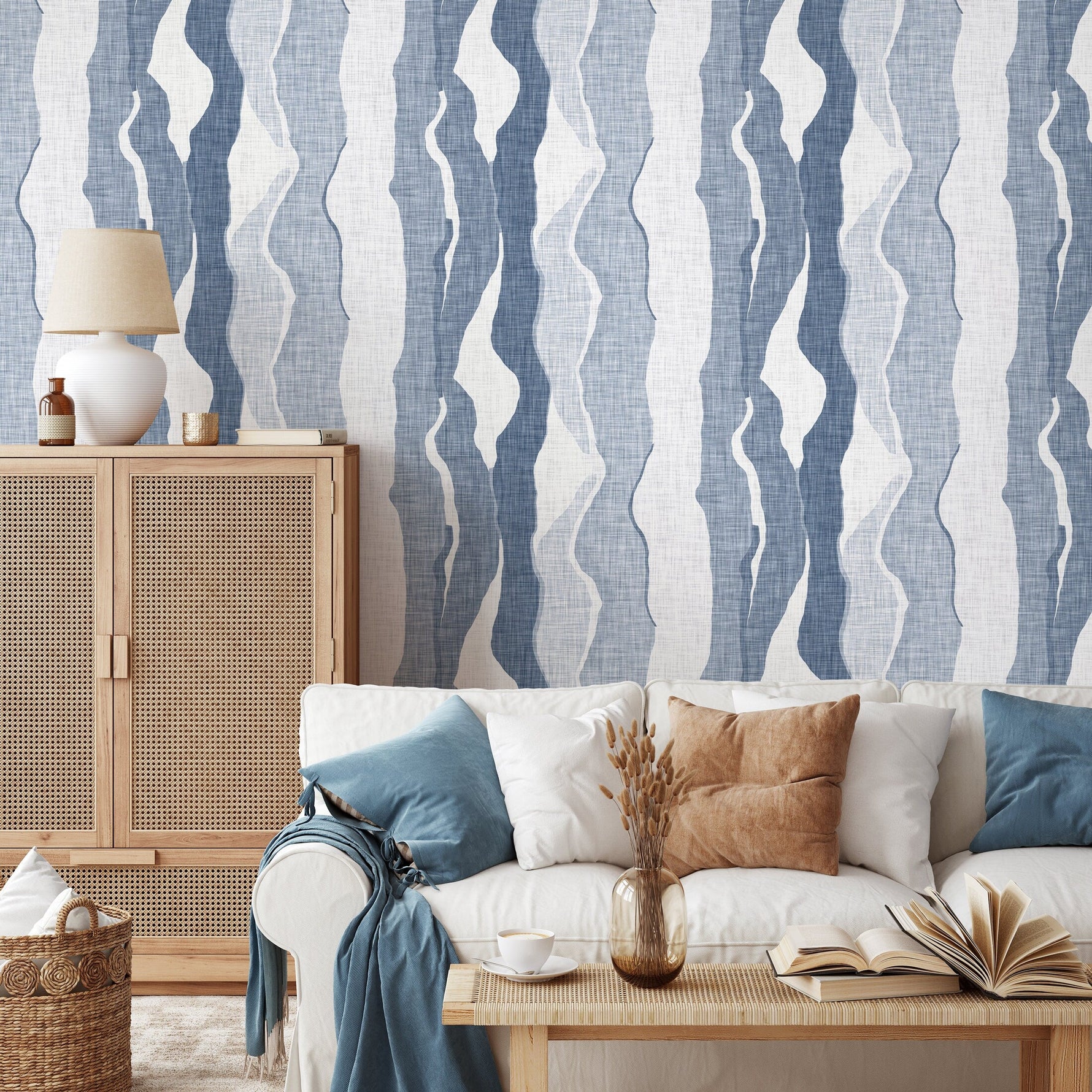 Blue Abstract Waves Wallpaper Modern Wallpaper Peel and Stick and Traditional Wallpaper - D837