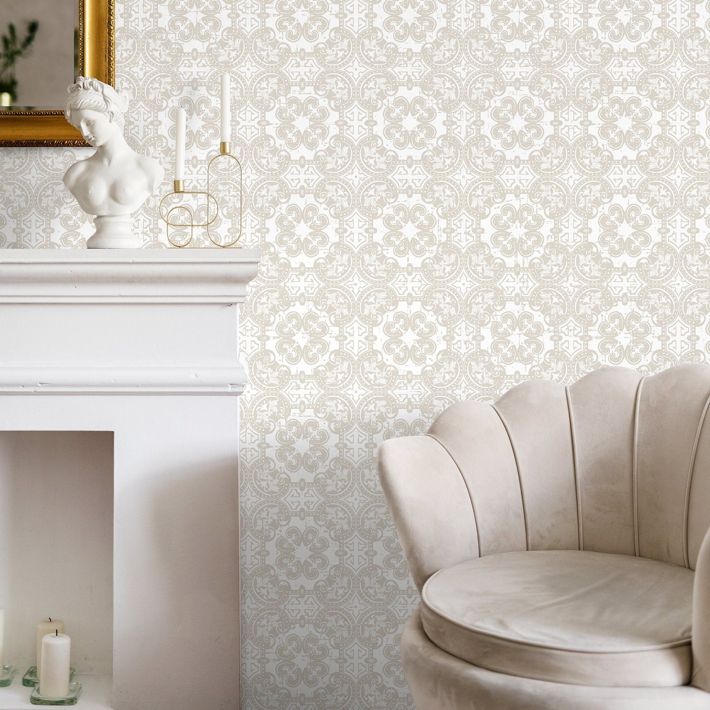 Wallpaper Peel and Stick Wallpaper Removable Wallpaper Home Decor Wall Art Wall Decor Room Decor / Beige Damask Wallpaper - C422