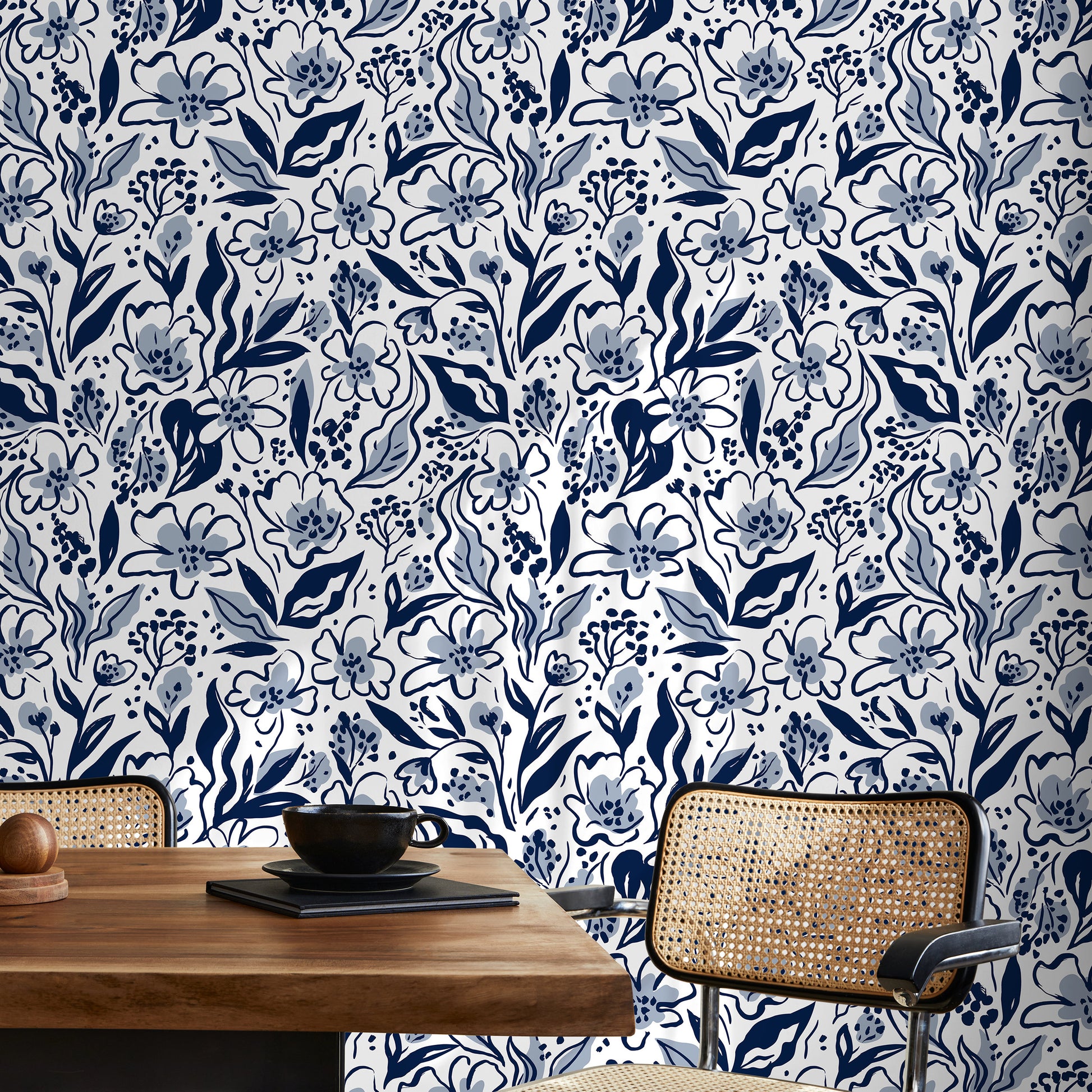 Navy Floral and Leaf Wallpaper / Peel and Stick Wallpaper Removable Wallpaper Home Decor Wall Art Wall Decor Room Decor - C692